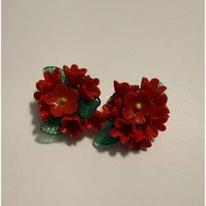 Vintage Japan Red Floral Cluster Clip On Earrings Mid Century Plastic Flower 1in